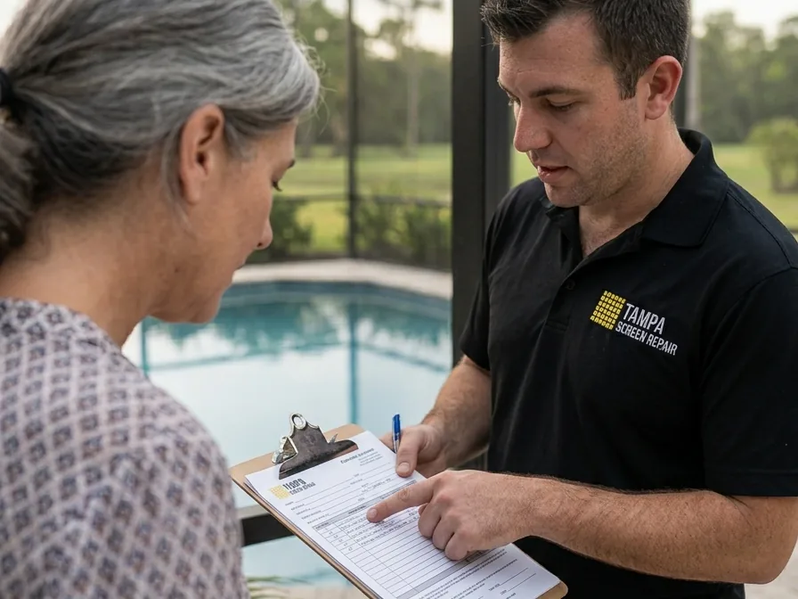 Technician counting and measuring pool cage panel openings with a homeowner