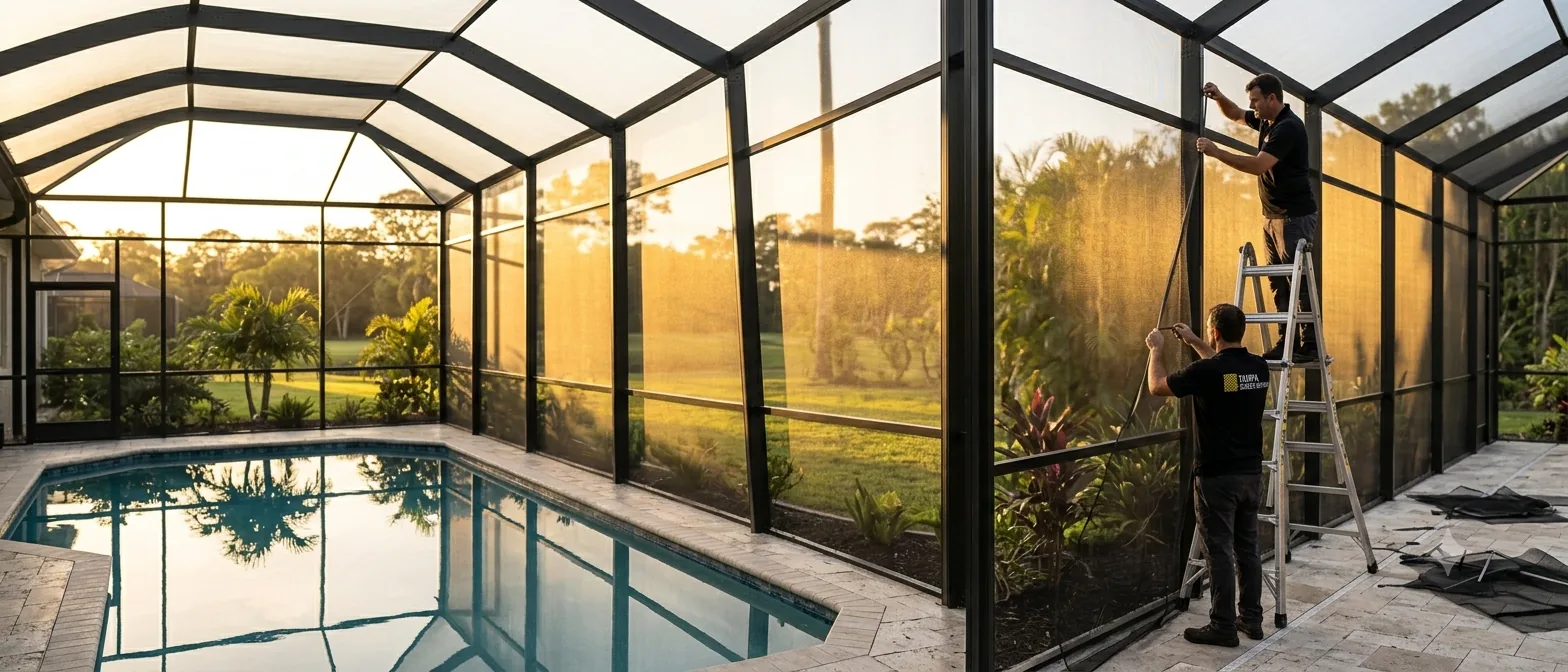 Two technicians rescreening the wall panels of a Tampa pool cage at golden hour