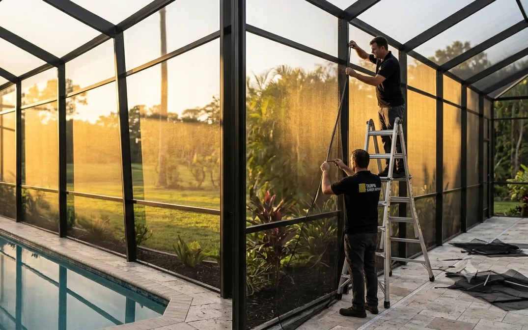 Full Pool Cage Rescreening on a Tampa pool enclosure