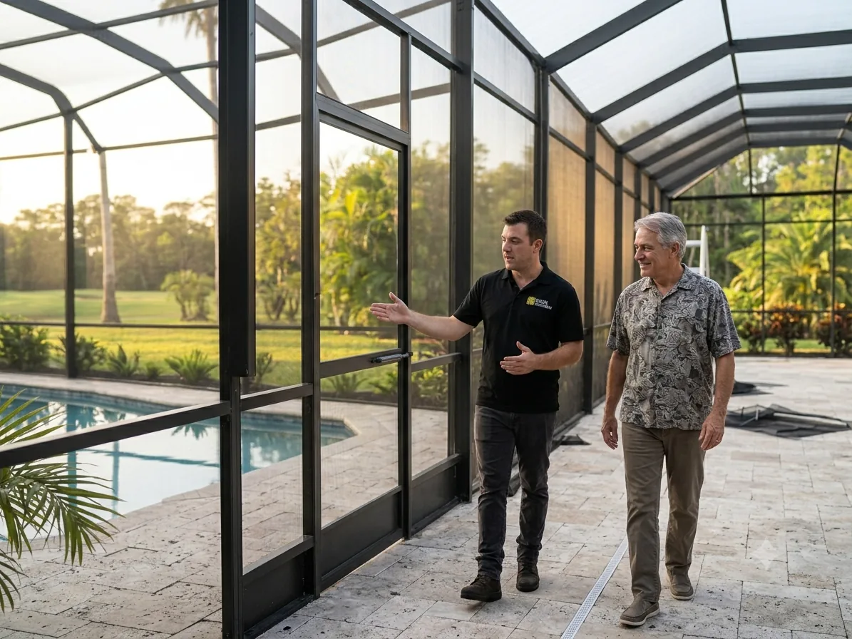 Technician and homeowner inspecting a finished pool cage rescreen together