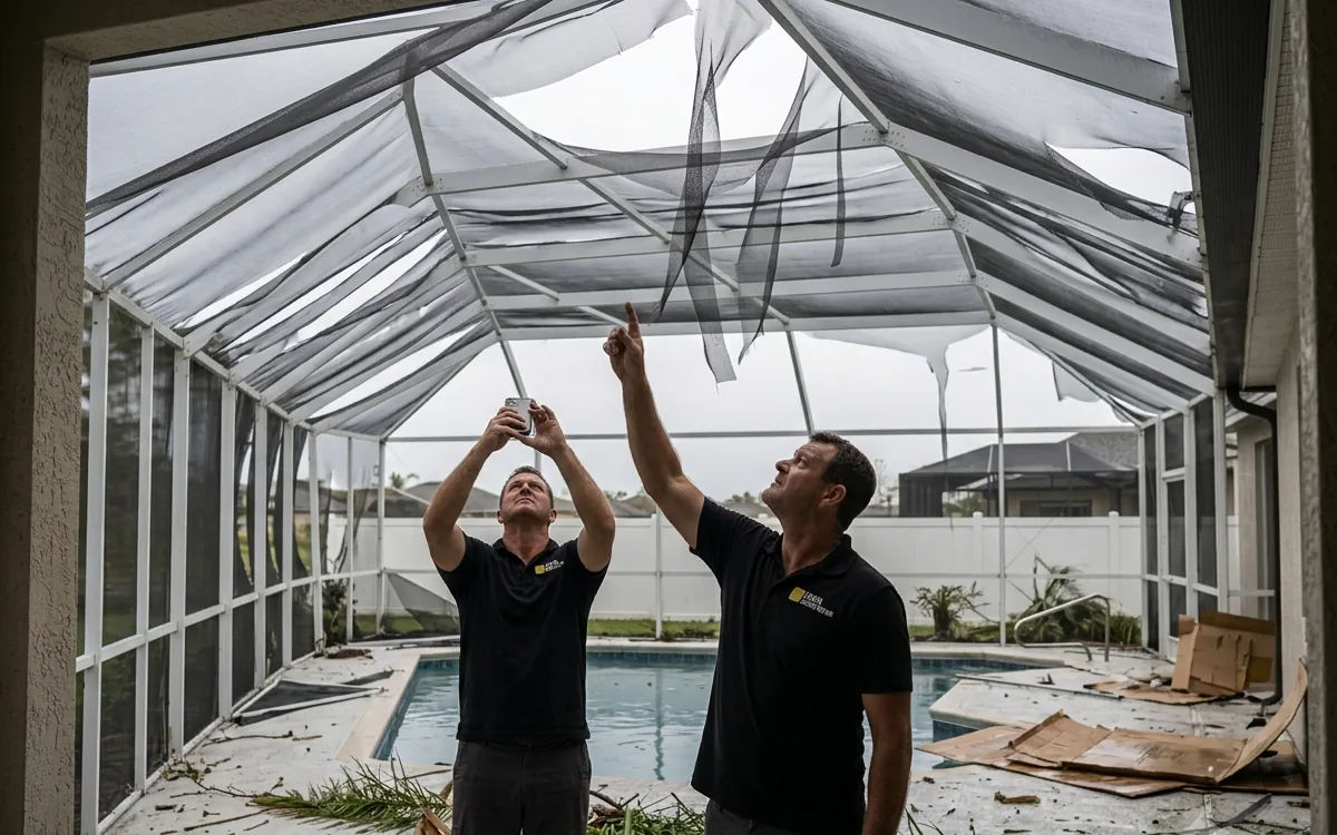 Storm Damage Pool Cage Repair on a Tampa pool enclosure
